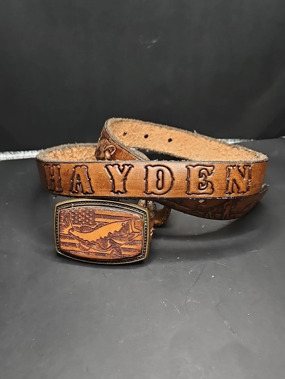 Hand Crafted Brown Leather Kids Belt with Engraved 'HAYDEN' and Scenic Buckle